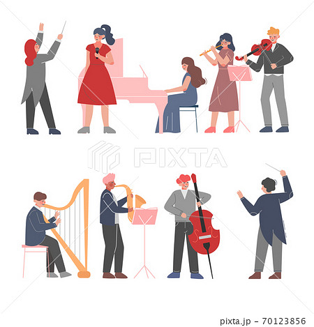 Musician Characters Playing Musical Instruments Set, Playing Violin, Classical Instrumental Symphony Orchestra Performers Flat Style Vector Illustration 70123856