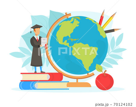 Graduate Student Standing on Pile of Books next to Earth Globe, International Student, Global Education Concept Flat Vector Illustration Graduate Student Standing on Pile of Books next to Earth Globe, International Student, Global Education Concept Flat Vector Illustration 70124102