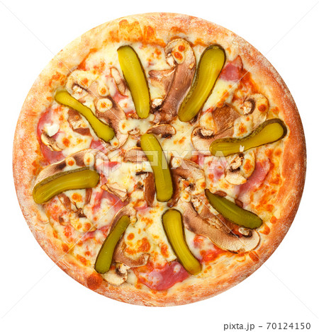 Delicious classic italian pizza with Mozzarella, ham ,mushrooms and pickled cucumbers 70124150