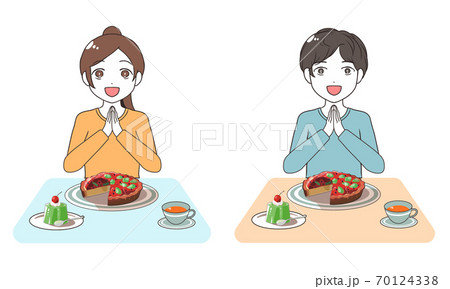 スイーツ食べる前に手を合わせるのイラスト素材