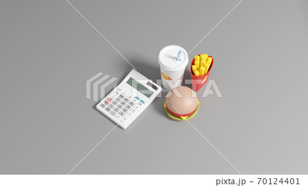 平面上に置かれたおもちゃのハンバーガーセットと電卓の3DCGによるフォトリアルなイラストレーション 70124401