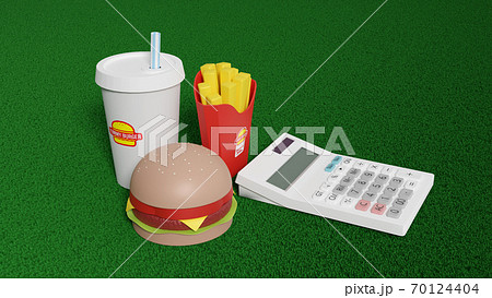 平面上に置かれたおもちゃのハンバーガーセットと電卓の3DCGによるフォトリアルなイラストレーション 70124404