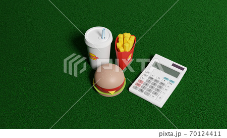 平面上に置かれたおもちゃのハンバーガーセットと電卓の3DCGによるフォトリアルなイラストレーション 70124411
