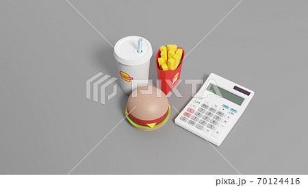 平面上に置かれたおもちゃのハンバーガーセットと電卓の3DCGによるフォトリアルなイラストレーション 70124416