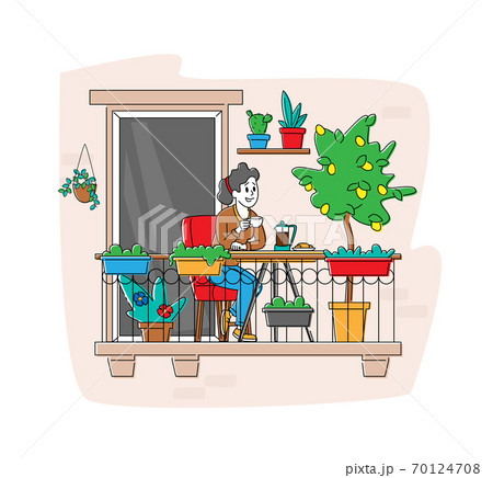 Relaxed Female Character Sitting in Comfortable Armchair Drinking Coffee at House Balcony with Potted Plants or Flowers 70124708