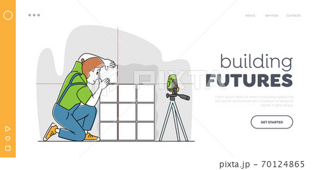 Tiles Laying Service Landing Page Template. Male Worker with Laser Level Tool Fitting Tile Pieces on Wall. House Work Tiles Laying Service Landing Page Template. Male Worker with Laser Level Tool Fitting Tile Pieces on Wall. House Work 70124865