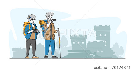 Senior Couple Characters Making Picture of Ancient Architecture Landmark in Trip. Elderly People Traveling with Camera Senior Couple Characters Making Picture of Ancient Architecture Landmark in Trip. Elderly People Traveling with Camera 70124871