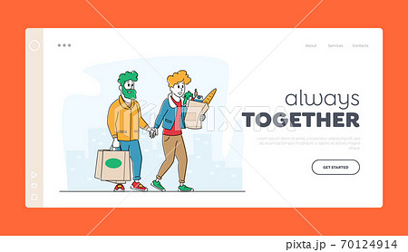Happy Couple Moving from Grocery Store or Supermarket Landing Page Template. Man and Woman Customers with Shopping Bags Happy Couple Moving from Grocery Store or Supermarket Landing Page Template. Man and Woman Customers with Shopping Bags 70124914