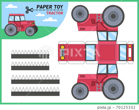 Tractor paper cut toy. Kids handmade educational game printable 3d paper model, worksheet with tractors elements, preschool crafts puzzle toy cartoon vector flat isolated illustration 70125332