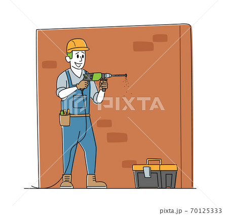 Worker Character Drill Wall. Home Repair Service, Construction, Renovation and Remodeling Works, Locksmith with Tools 70125333