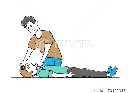 Character First Aid Help to Victim on Floor. Man Lift Chin to Diseased Patient for Check Breathing. Nursing Training 70125353