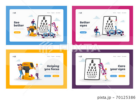 Vision Optician Exam Landing Page Template Set. Ophthalmologist Doctor Character Check Eyesight for Eyeglasses Diopter 70125386