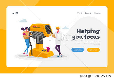 Sight Focus Correction Landing Page Template. Ophthalmologist Doctor Test Eye on Auto Refractometer. Oculist Checkup 70125419