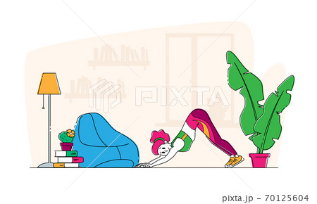 Slim Girl Stand on Mat in Yoga Asana or Stretching Fitness Posture at Home. Relaxed Young Woman Character Enjoying Sport 70125604