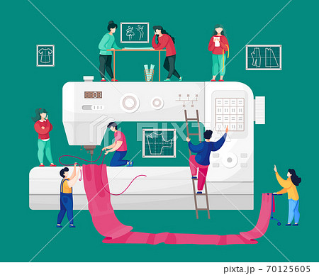 Concept of dress sewing at sewing machine, sewers or designers in fashion workshop, flat style Concept of dress sewing at sewing machine, sewers or designers in fashion workshop, flat style 70125605