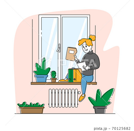 Homeworking Place, Working Activity. Freelancer Woman Character Sitting on Windowsill Work with Papers Docs at Home 70125682