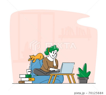 Remote Freelance Work, Homeworking Place Concept. Woman Freelancer Sit in Comfortable Beanbag Armchair Working Distant 70125684