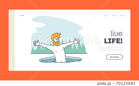 Male Character Swimming in Ice Hole in Winter Season Landing Page Template. Man Temper, Holy Epiphany Day. Healthy Life 70125685