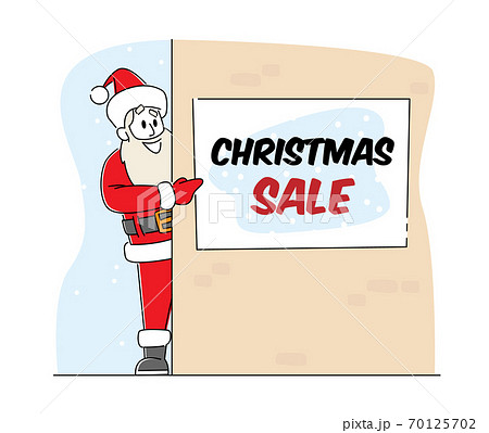 Santa Claus Point on Christmas Sale Banner Hanging on Wall. Xmas Character in Red Festive Costume Presenting Discount Santa Claus Point on Christmas Sale Banner Hanging on Wall. Xmas Character in Red Festive Costume Presenting Discount 70125702