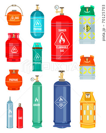 Set of gas cylinder tank. Propane bottle icon container. Oxygen gas cylinder canister fuel storage Set of gas cylinder tank. Propane bottle icon container. Oxygen gas cylinder canister fuel storage 70125703