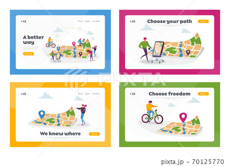 Gps Navigation Positioning Landing Page Template Set. Tiny Characters at Huge Location Map Use Online Geolocation App Gps Navigation Positioning Landing Page Template Set. Tiny Characters at Huge Location Map Use Online Geolocation App 70125770