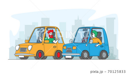 City Traffic Situation, Dwellers Suffered of Aggression. Car Accident or Conflict on Road, Drivers Characters Arguing City Traffic Situation, Dwellers Suffered of Aggression. Car Accident or Conflict on Road, Drivers Characters Arguing 70125833