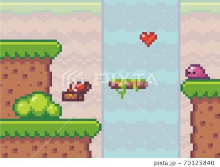 Pixel art style, game background with heart near the waterfall, wooden chest and alien enemy 70125840
