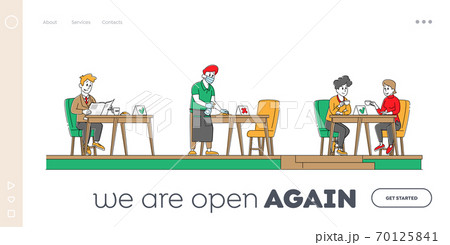 Restaurant Disinfection Landing Page Template. Coronavirus Infection Prevention, Characters Sit at Disinfected Cafe 70125841