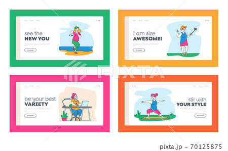 Bodypositive, Beauty, Dieting Landing Page Template Set. Plus Size Women Lifestyle. Fatty Female Characters Working 70125875