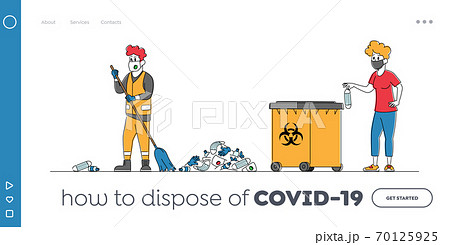 Worker Throw Garbage Landing Page Template. Male Janitor in Protective Suit Sweeping Street and Collecting Covid Waste Worker Throw Garbage Landing Page Template. Male Janitor in Protective Suit Sweeping Street and Collecting Covid Waste 70125925