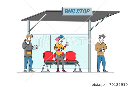 Characters Stand On Bus Station Woman With のイラスト素材