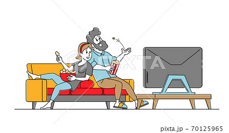 Young Loving Couple Watching TV with Popcorn at Home. Male, Female Characters Sitting on Couch Together in Lazy Weekend 70125965