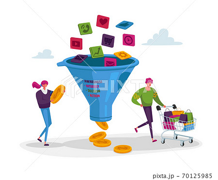 Conversion Rate Optimization. Tiny Characters with Shopping Trolley and Money at Huge Sales Funnel. Digital Marketing 70125985