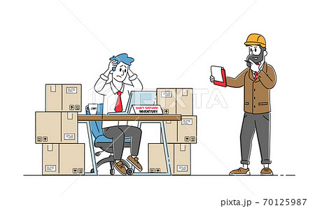Inventory Managers Work in Warehouse with Stacks of Boxes and Pc Checking List of Goods for Distribution. Logistic 70125987