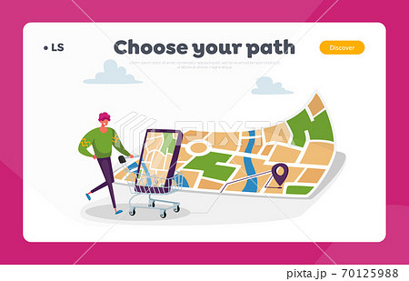 Geolocation Positioning in Retail Store Landing Page Template. Man Purchasing Goods from List at Huge Map with Gps Pin 70125988