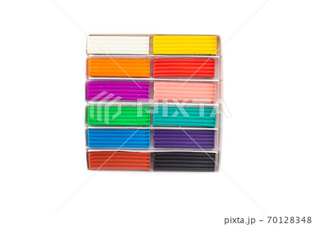 set of children's multi-colored plasticine for modeling and modeling on a white background, isolate 70128348