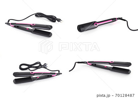 Electric hair styler with ceramic plates and ripple effect on white background, isolate, cosmetology 70128487