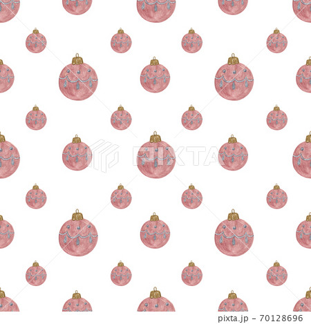 Christmas tree decoration baubles repeat pattern hand drawn watercolor illustration on white background festive mood image, winter holiday celebration design for textile, wrapping paper 70128696