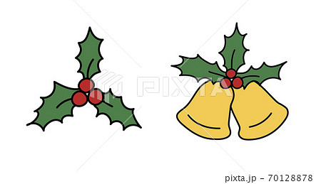 クリスマスの柊とベルの手描きイラストのセット 葉 装飾 オーナメント 飾り 素材 かわいいのイラスト素材