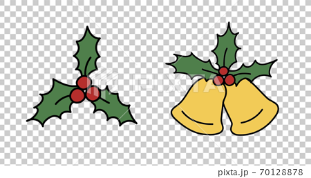 クリスマスの柊とベルの手描きイラストのセット 葉 装飾 オーナメント 飾り 素材 かわいいのイラスト素材