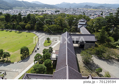 鶴ヶ城 、会津若松城天守閣からの会津若松市の眺め 鶴ヶ城 、会津若松城天守閣からの会津若松市の眺め 70129594