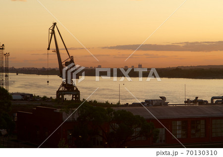 Heavy crane in river cargo port Heavy crane in river cargo port 70130310