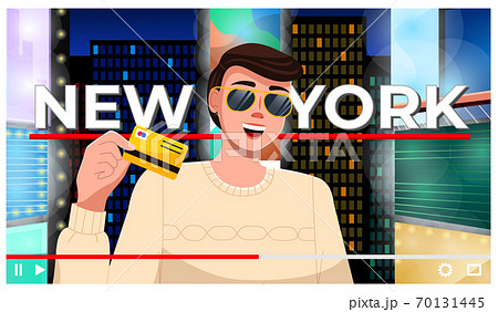 Young guy with credit card, videoplayer interface, blogger unlimited spending money in New York Young guy with credit card, videoplayer interface, blogger unlimited spending money in New York 70131445