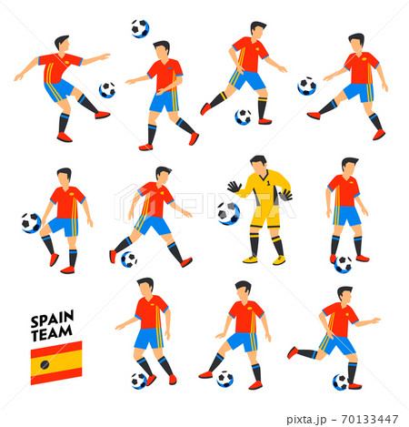 Spain football team. Spain soccer players. Full Football team, 11 players. Spanish Soccer players on different positions playing football. Colorful flat style illustration. Football cup. Spain football team. Spain soccer players. Full Football team, 11 players. Spanish Soccer players on different positions playing football. Colorful flat style illustration. Football cup. 70133447