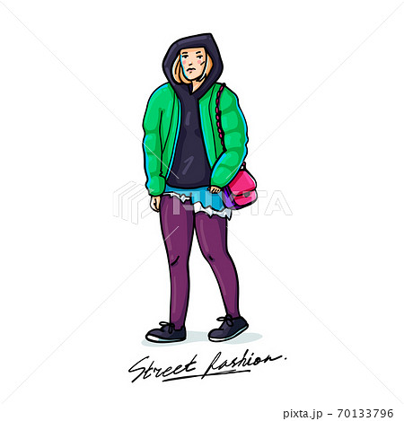 Street fashion. Stylish young woman. Sketch style illustration on white background. vector illustration. 70133796