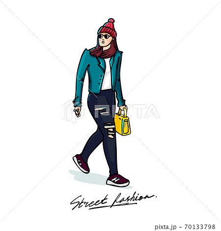 Street fashion. Stylish young woman. Sketch style illustration on white background. vector illustration. 70133798