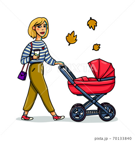 Mother with baby in stroller. Young stylish woman walking with baby carriage. Cartoon style girl walk with baby in autmn. Vector illustration 70133840