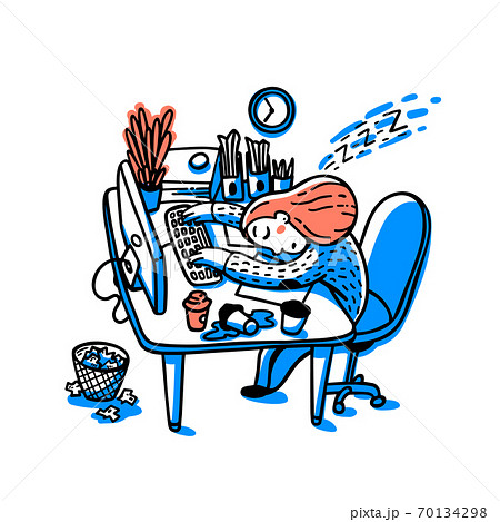 Concept of person overwhelmed by work. Information overload concept. Young woman sleeping on her workplace. Colorful vector illustration in flat cartoon style Concept of person overwhelmed by work. Information overload concept. Young woman sleeping on her workplace. Colorful vector illustration in flat cartoon style 70134298