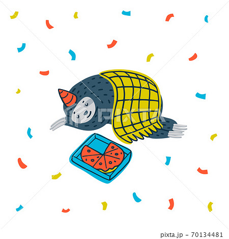 Animal party. Lazy sloth party. Cute sloth sleeping with pizza. Vector illustration. 70134481