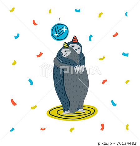 Animal party. Lazy sloth party. Couple of sloths dancing on a dance floor. Vector illustration. Animal party. Lazy sloth party. Couple of sloths dancing on a dance floor. Vector illustration. 70134482